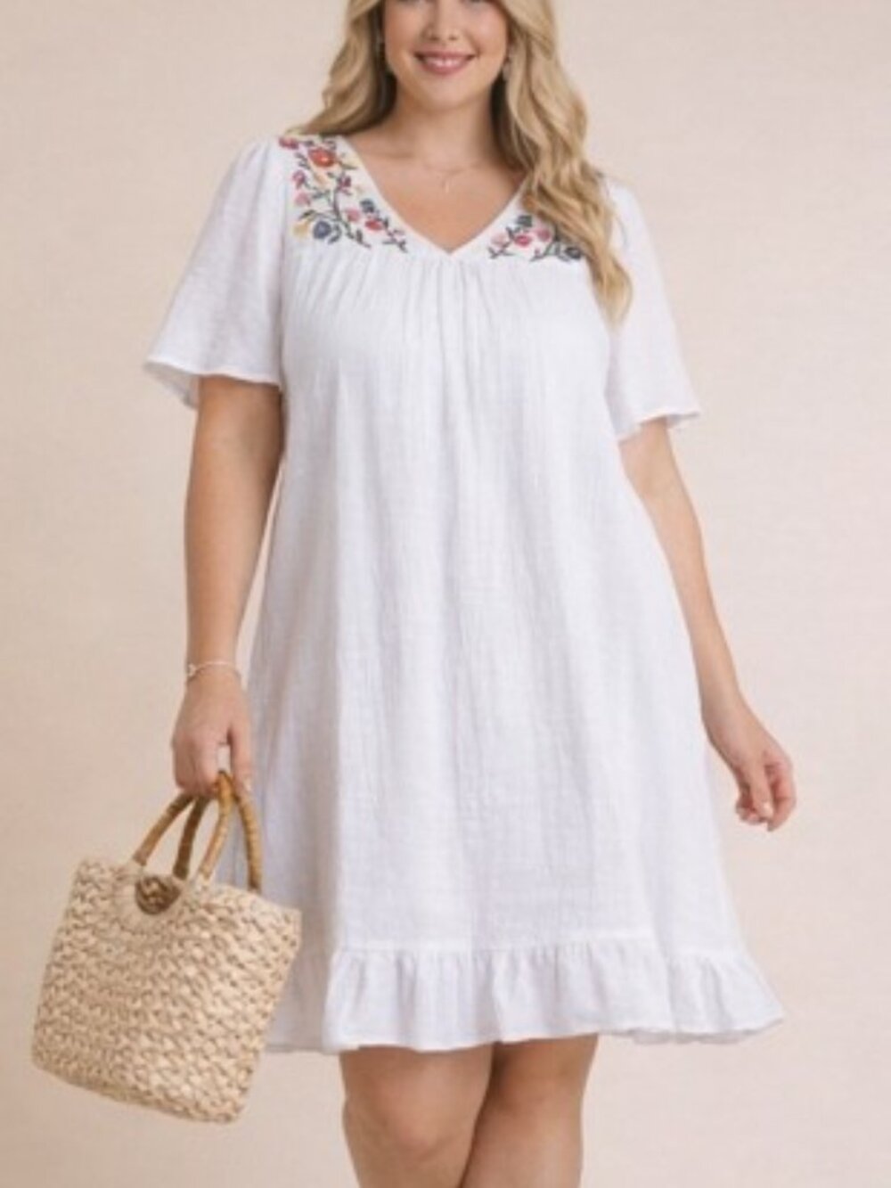 B48 Embroidered Yoke Babydoll Mini Dress Floral White NEW